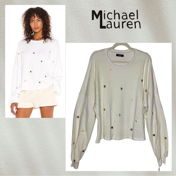 NWT Michael Lauren Fairfax Classic Sweatshirt in White with Rose Gold Sun Foils - Picture 1 of 13